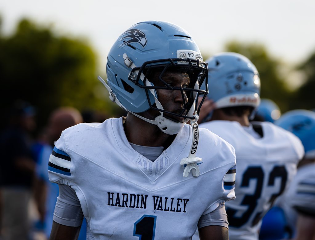 Player in a helmet looking across the field