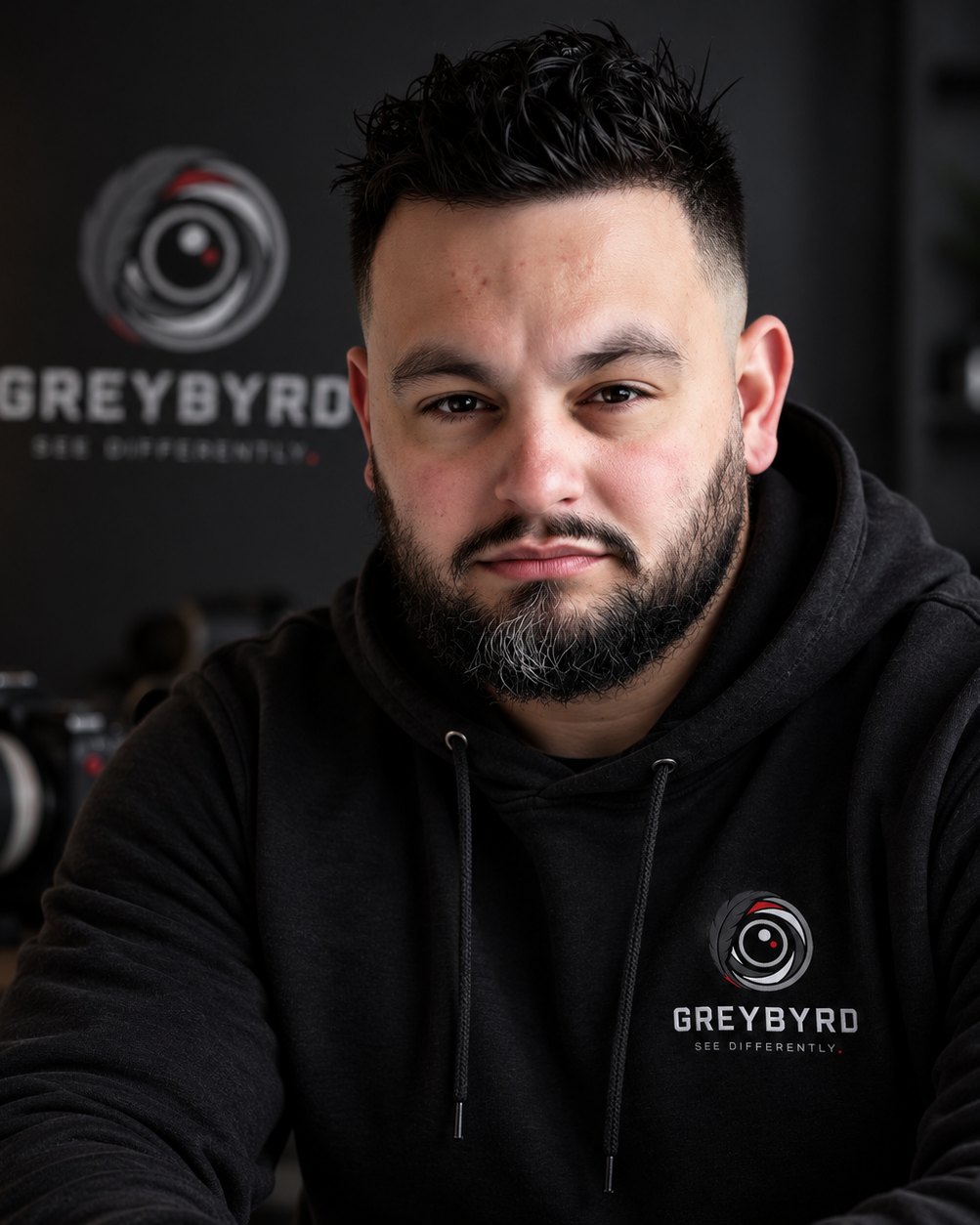 Mike Chiodo, photographer and founder of GreyByrd, seated with a camera and telephoto lens