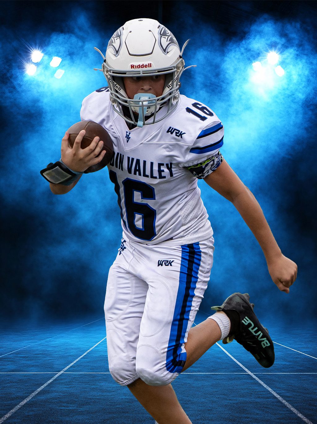 Ball carrier running, studio-lit composite